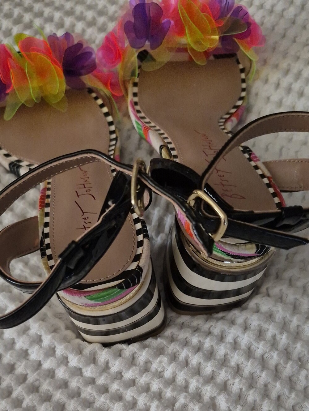 Size 6 Betsey Johnson Black Sandals with Neon Floral Accents - Picture 2 of 5